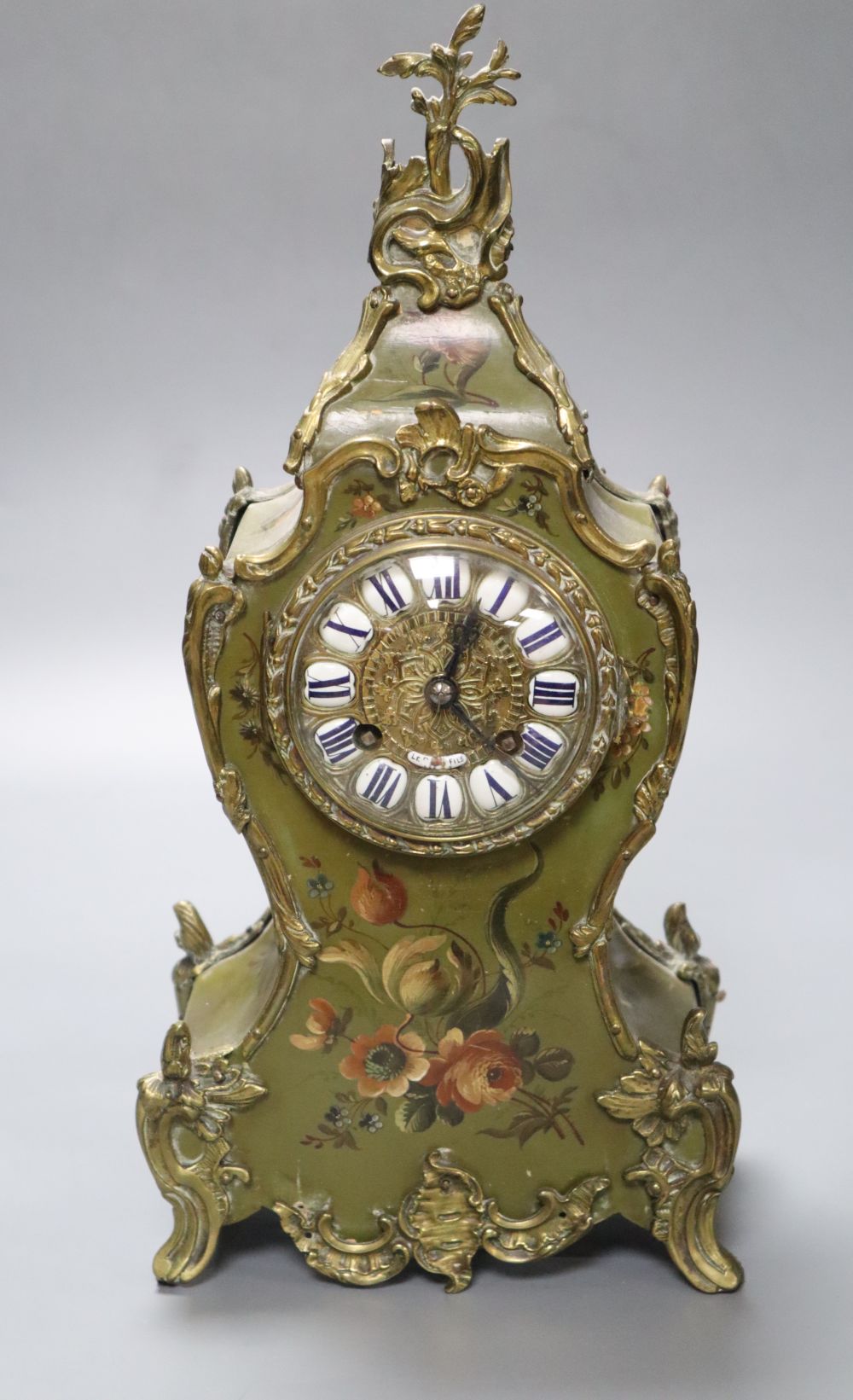 A Vernis Martin style mantel clock, with ormolu mounts, Japy Freres gong-striking movement, height 36cm